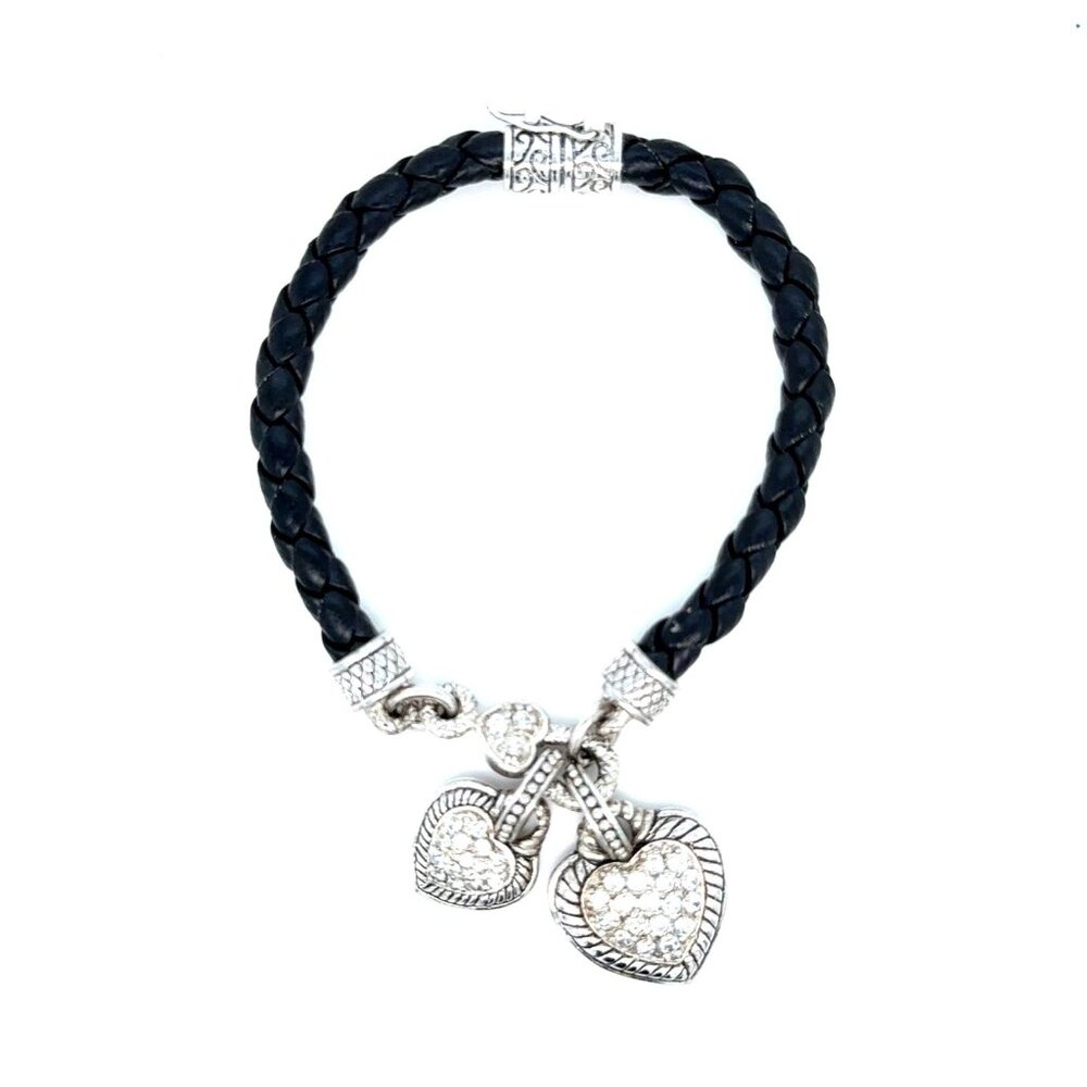 Silver 925 Magnetic Leather Double‎ Hearts Cz Bracelet
